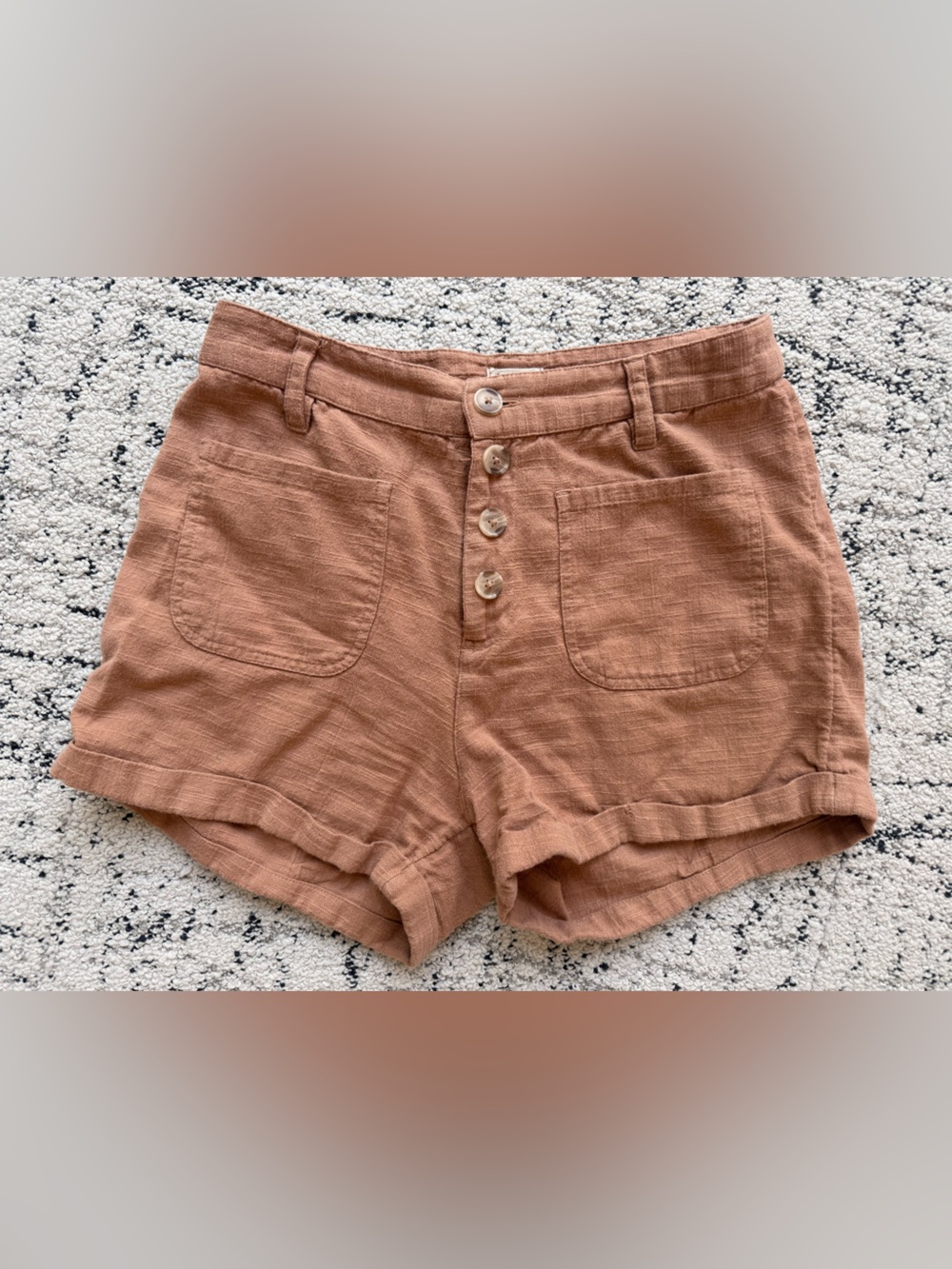 Billabong High-Waist Button Front Linen-Blend Shorts in Rust